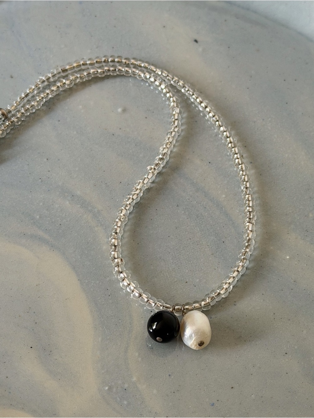 Silver Beaded Necklace with Black Onyx and Freshwater Pearl Charms